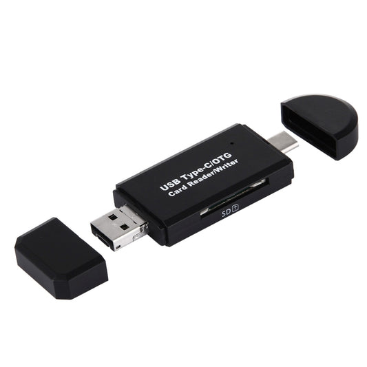 Black USB Type-C card reader adapter with USB-A port and SD slot, compact design