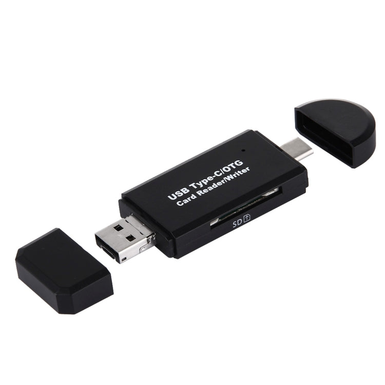 Black USB Type-C card reader adapter with USB-A connector and removable end caps