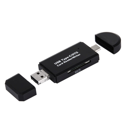 Black USB Type-C card reader adapter with USB-A connector and removable end caps