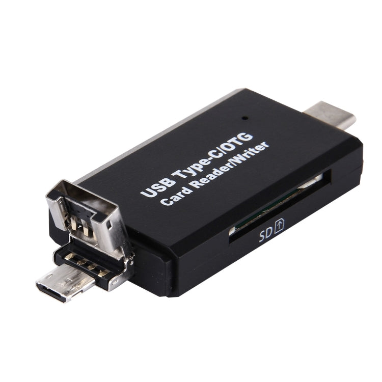 Black card reader adapter with exposed USB-A ports and side SD slot opening