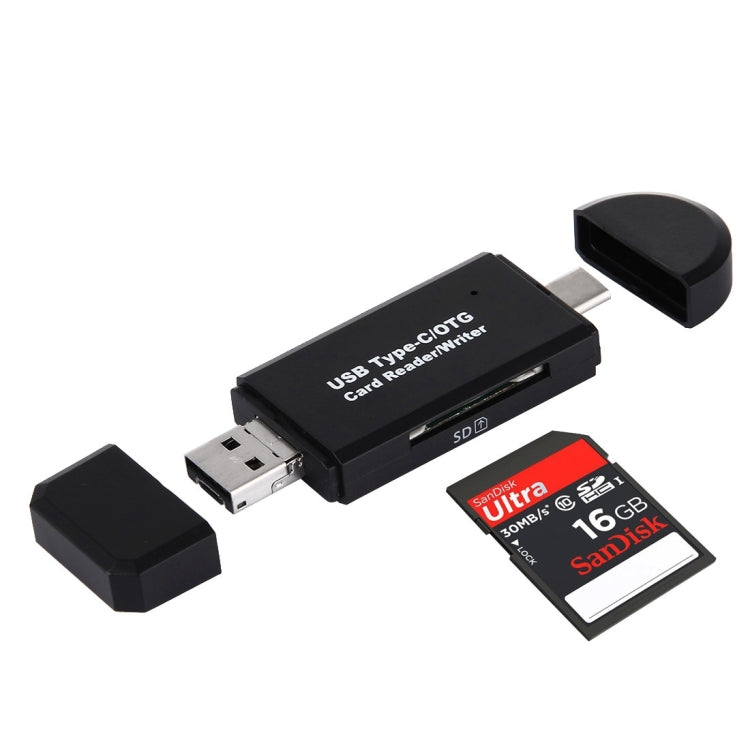 Black USB Type-C card reader adapter kit with included SD and microSD cards