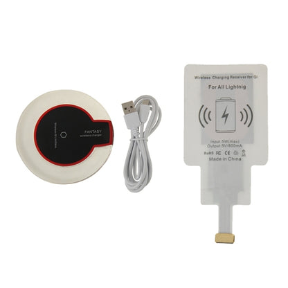 Wireless charging receiver for iPhone with round pad, red-trim black center, and USB cable