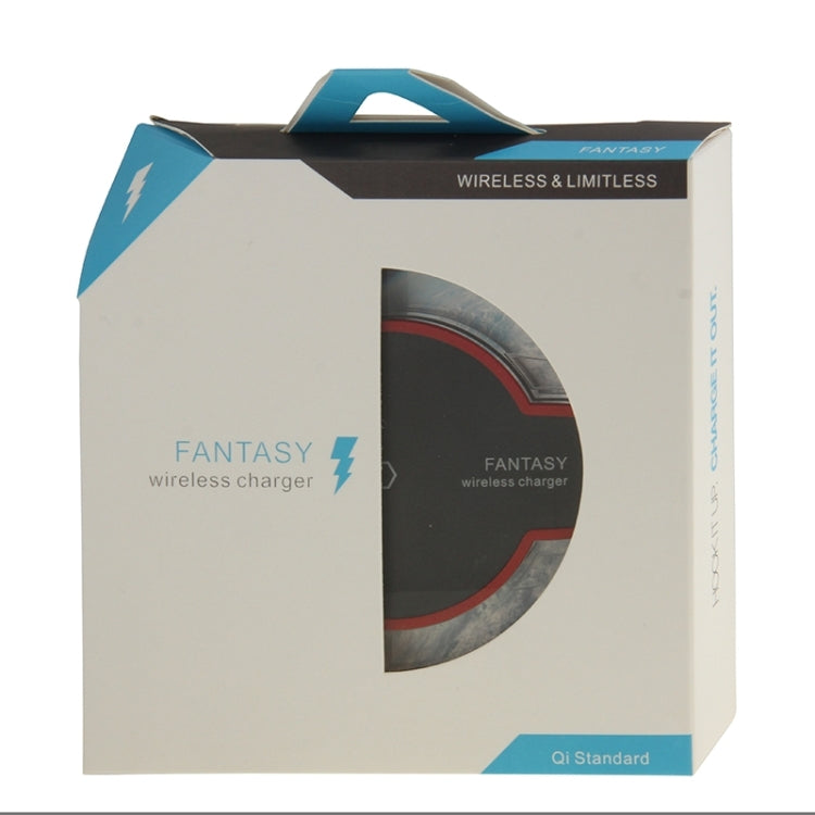 Wireless charging receiver retail box with round pad artwork and Qi standard badge