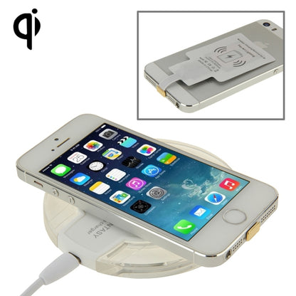 Wireless charging receiver attached to iPhone with transparent cover and USB cable