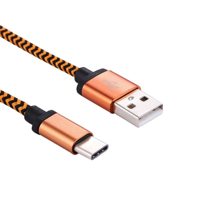 Woven USB-C to USB-A data/charge cable with orange connectors and braided black trim