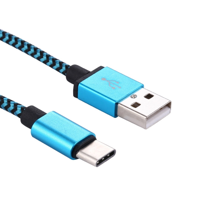 1m blue braided USB-C to USB 2.0 data sync charging cable with USB-A and USB-C ends
