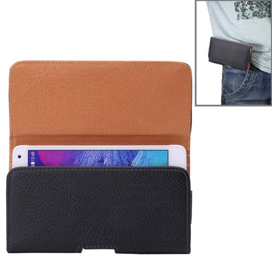 Horizontal waist bag with litchi-textured finish, orange back and black front phone pouch.