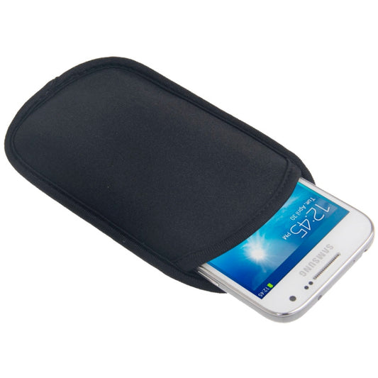 Black waterproof phone pouch case with flap, holding a smartphone