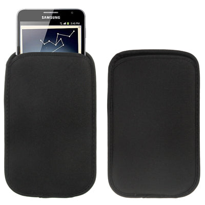Black waterproof phone carry case, front and back panel view with top opening