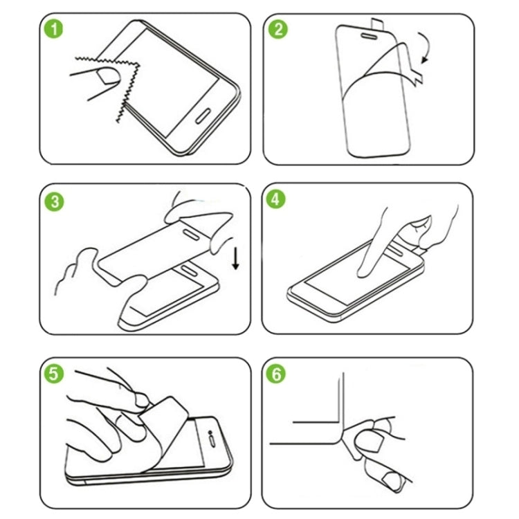 Tempered glass screen protector installation guide icons in six steps