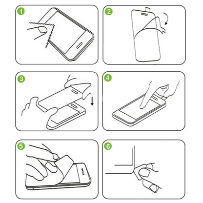Tempered glass screen protector installation guide icons in six steps