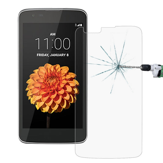 Tempered glass screen protector for LG K7, impact cracked glass shown on screen.