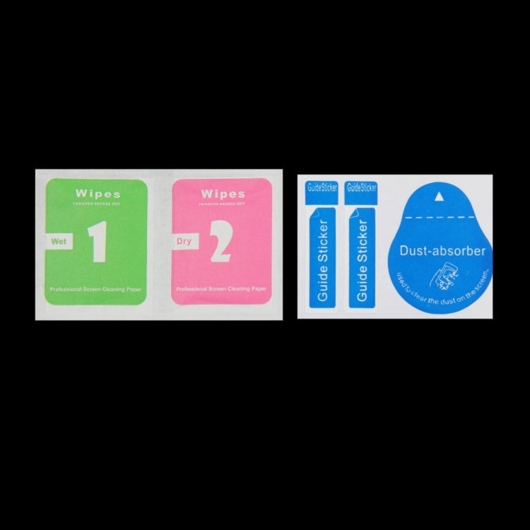 Screen protector kit with wet/dry wipes, dust-absorber sticker, and guide stickers