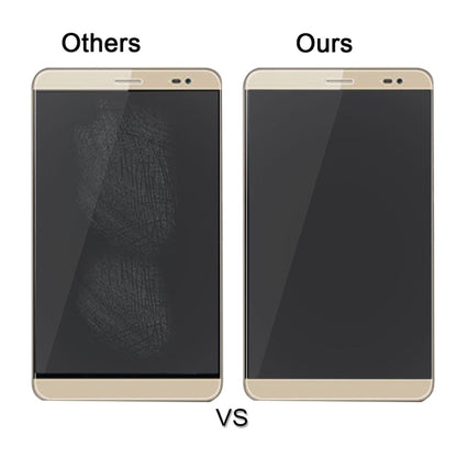 Tempered glass screen protector film shown on tablet screens, clarity comparison
