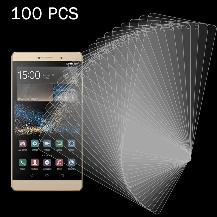 Tempered glass screen protector films overlaying a phone screen, 100 pcs