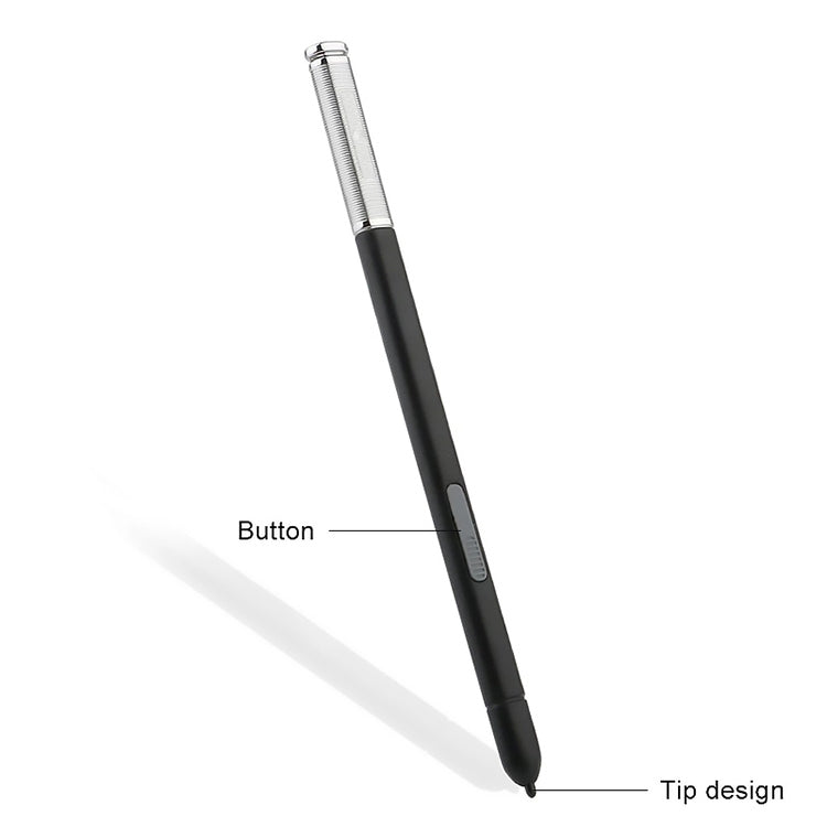Black stylus pen with silver tip, showing side button and pointed tip