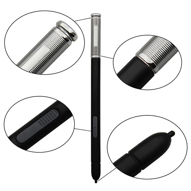 Black and silver stylus pen detail: textured tip and side button