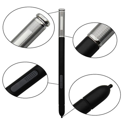 Black and silver stylus pen detail: textured tip and side button