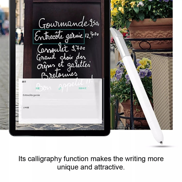 White S Pen stylus next to tablet displaying notes