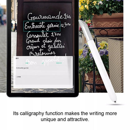 White S Pen stylus next to tablet displaying notes