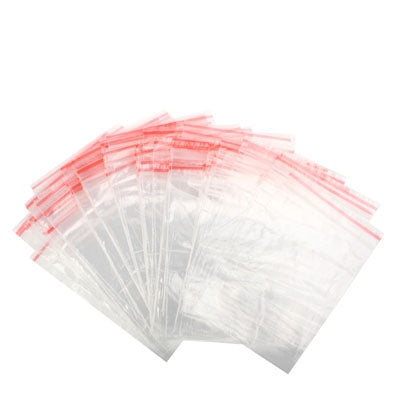 Set of 100 self-adhesive plastic seal bags, clear 9x13cm with red top strip