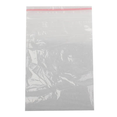 Clear self-adhesive plastic pouch with red zip strip, 6x9 cm, front view