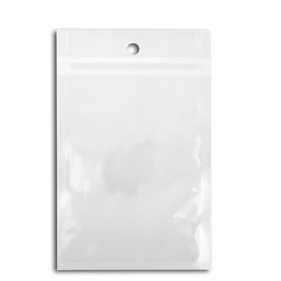 Clear zip-lock plastic poly bag with hanging hole, front view.