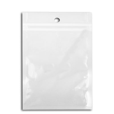 Resealable zip lock plastic bag, white, with hang hole, 25 x 17.5 cm