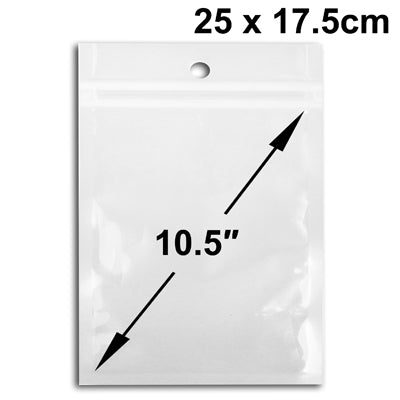 Resealable zip lock plastic bag, white, 25 x 17.5 cm (10.5 in), with hang hole