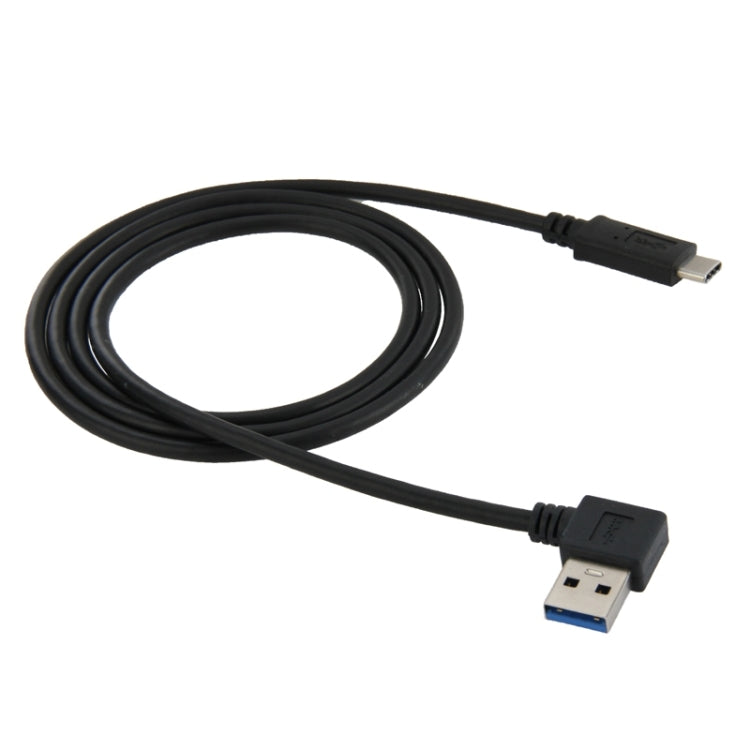 Black USB-C to USB 3.0 adapter cable with 90-degree left-angled connector ends