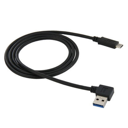 Black USB-C to USB 3.0 adapter cable with 90-degree left-angled connectors