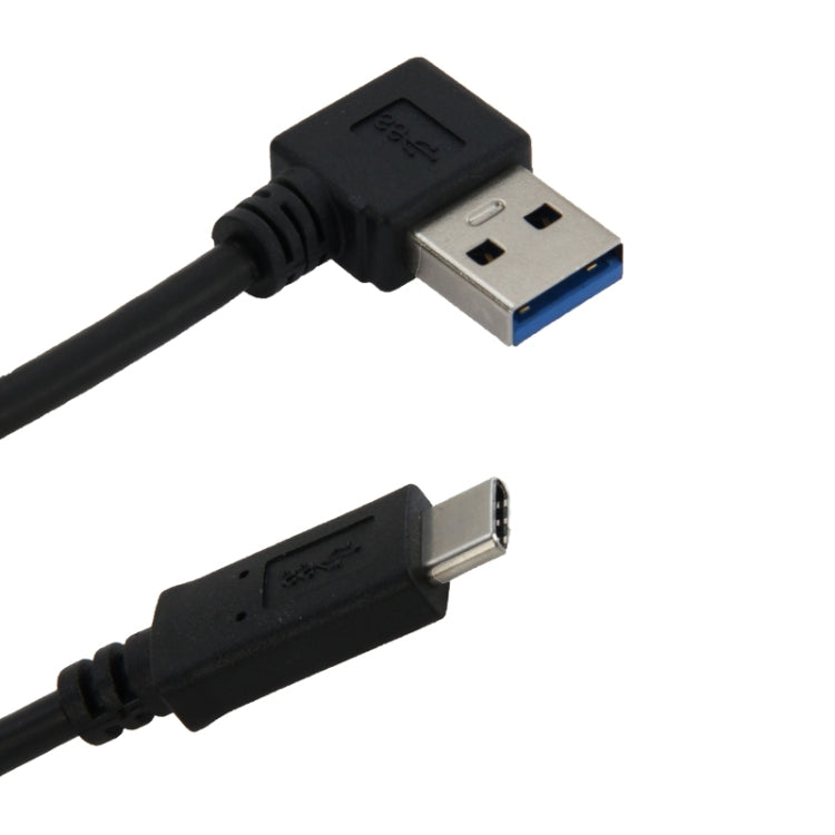 USB-C to USB 3.0 adapter cable, close-up of angled USB-C and USB-A plugs