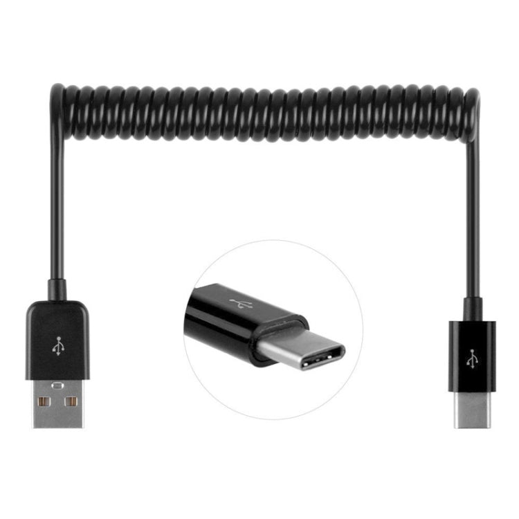Retractable USB-A to USB-C cable, black spring coil with USB-A and USB-C tips