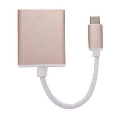 Rose gold USB-C to VGA adapter box with USB-C plug and cable loop.