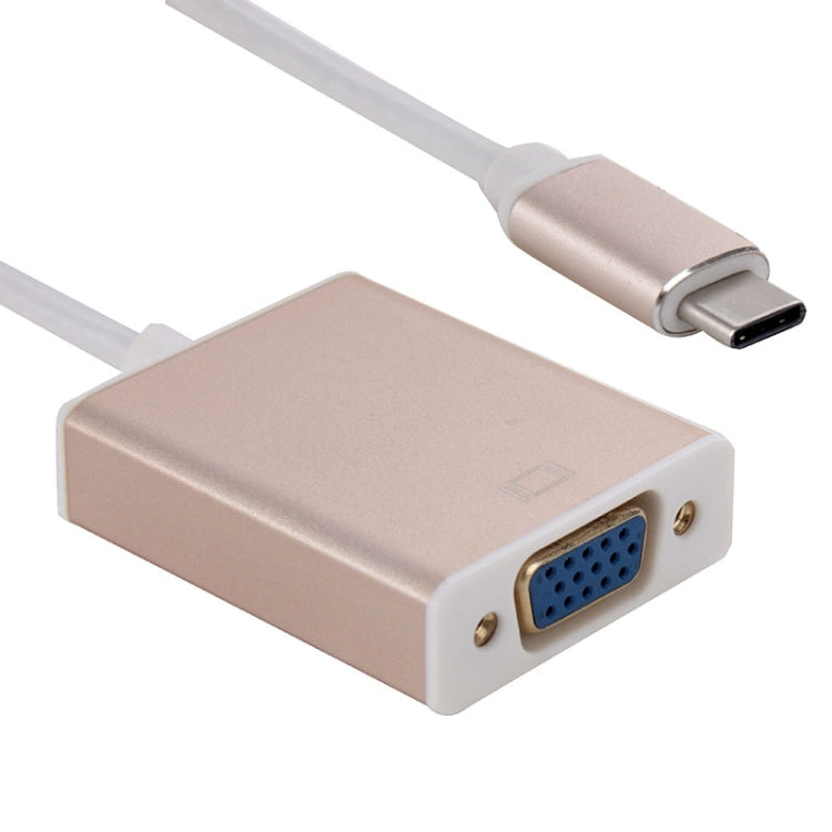 Rose gold USB-C to VGA adapter with VGA port and USB-C cable connector close-up.