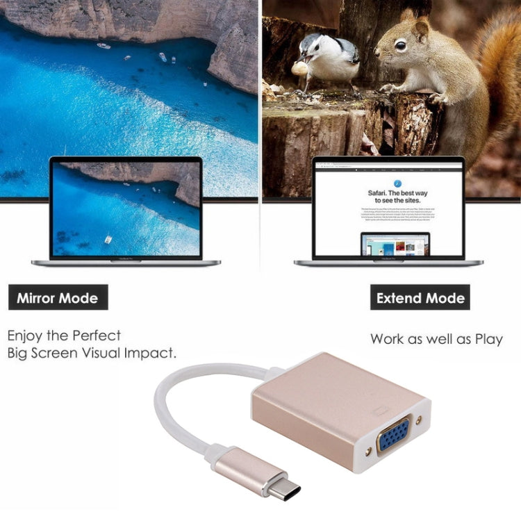 Rose gold USB-C to VGA adapter cable connected to a laptop for display output.