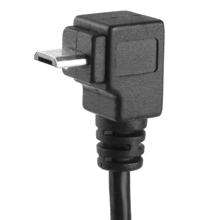 Micro USB male plug with right-angle housing on black adapter cable
