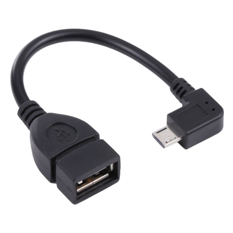 Black 90-degree micro USB to USB 2.0 adapter cable with two connector ends