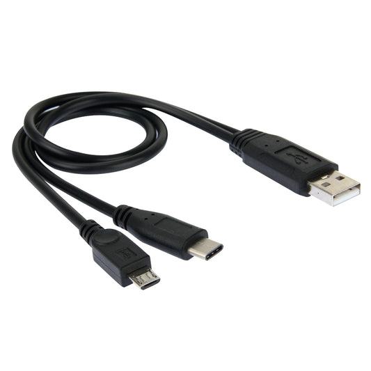 Black USB-A to dual Micro-USB charging cable with molded connectors