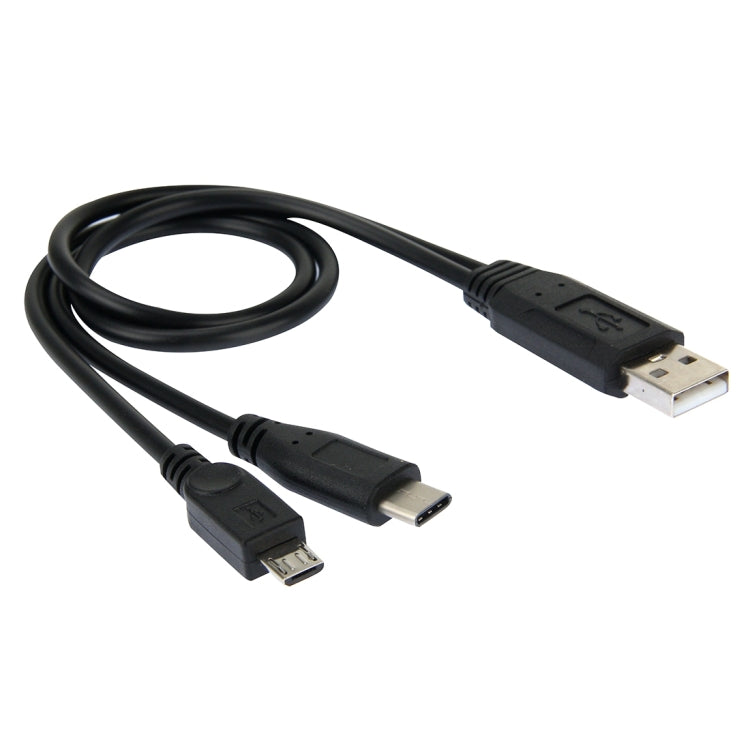 Black USB-A to Micro-USB charging cable with two micro connectors