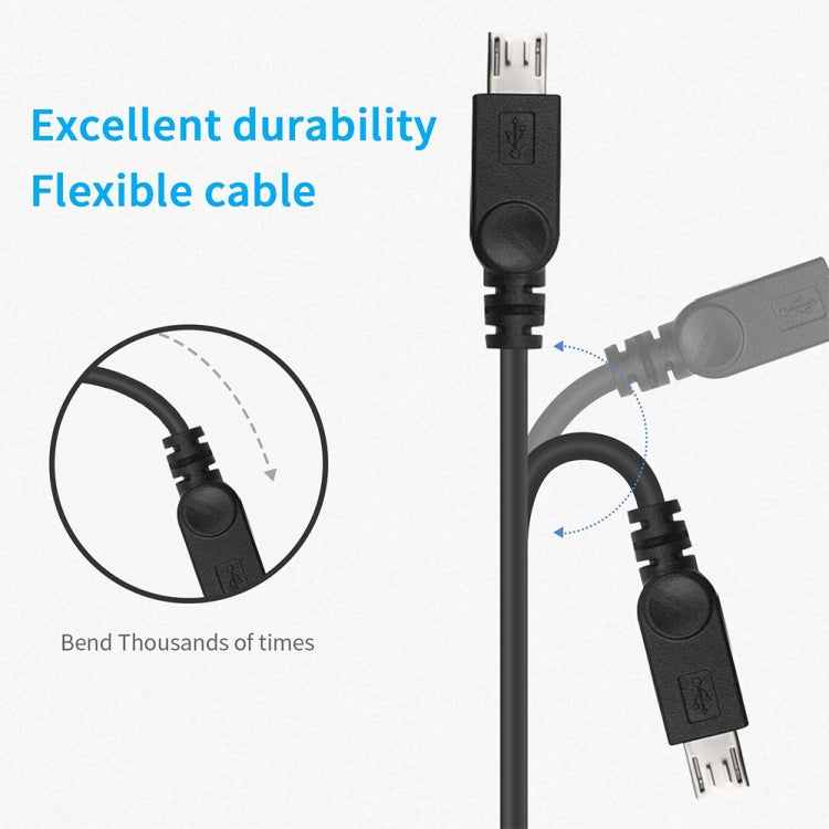 Black USB charging cable with dual Micro-USB outputs and flexible design