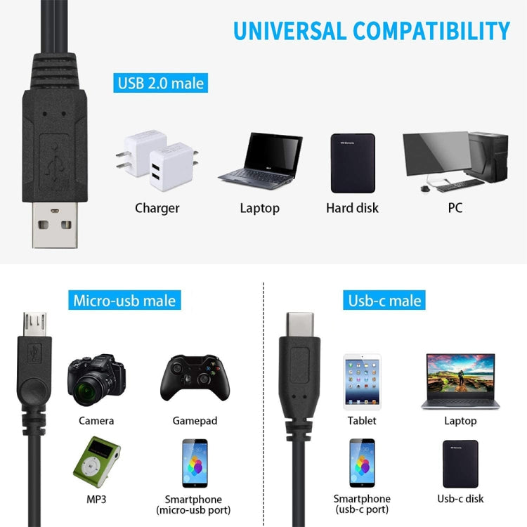 Black universal charging cable with USB-A and Micro-USB connectors