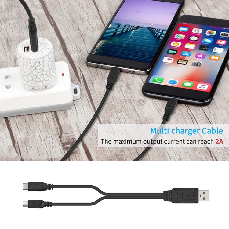 Black multi-charging cable connecting devices with USB-A and Micro-USB ends