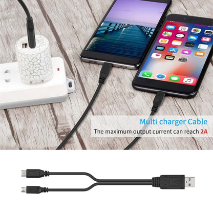 Black multi-charging cable connecting devices with USB-A and Micro-USB ends