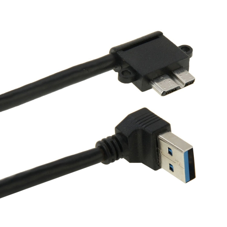 USB 3.0 to Micro 3.0 data cable, black, close-up of angled USB-A and Micro-B plugs
