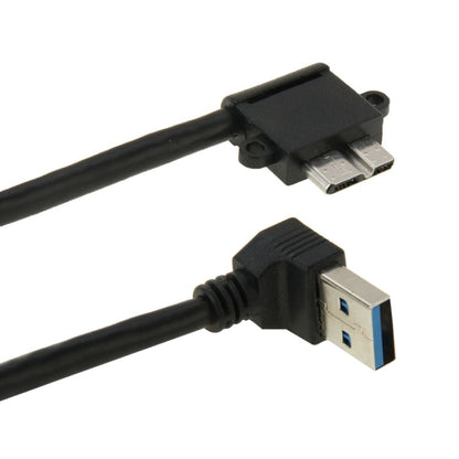 USB 3.0 to Micro 3.0 data cable, black, close-up of angled USB-A and Micro-B plugs