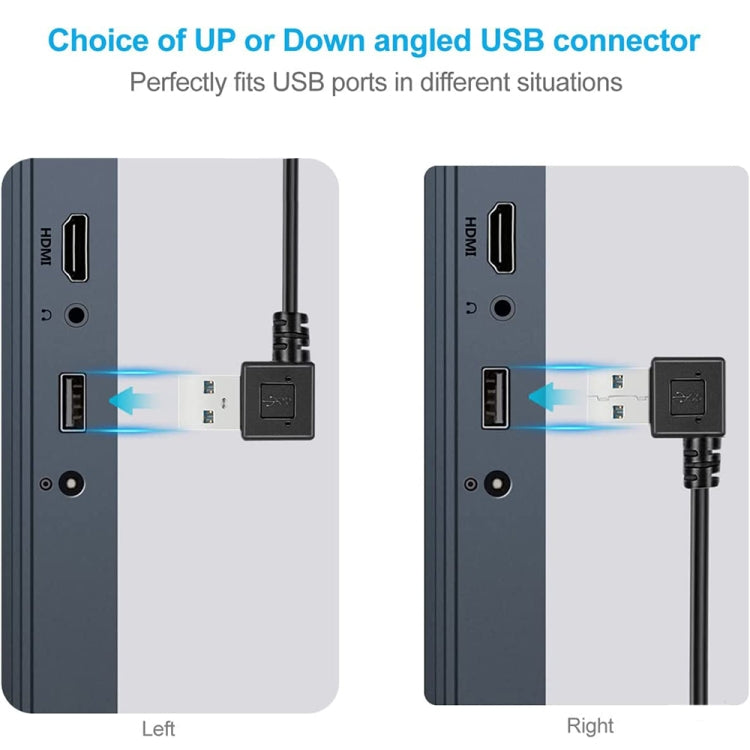 Black USB 3.0 to micro USB right-angle connector for left or right ports