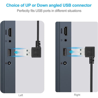 Black USB 3.0 to micro USB right-angle connector for left or right ports