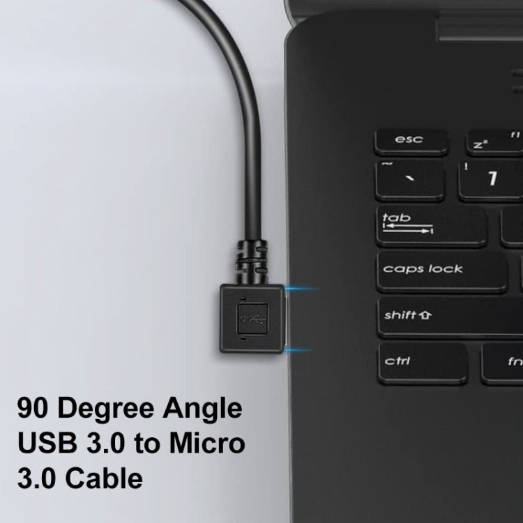90° angled black USB 3.0 to micro USB cable connector, close-up