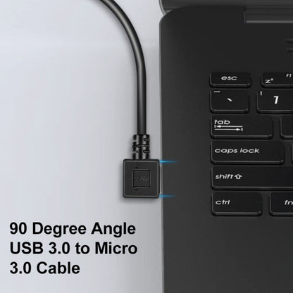 90° angled black USB 3.0 to micro USB cable connector, close-up